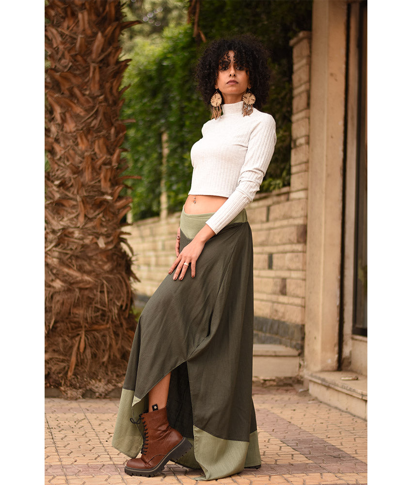 Dark Olive Green Flowy Pants with Light Olive Green Patches handmade in Egypt & available in Jozee boutique