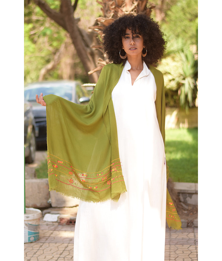 Light Olive Siwa Embroidered Viscose Shawl Handmade in Egypt & available at Jozee Boutique