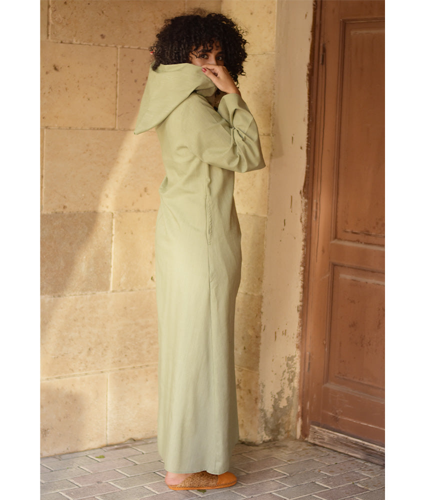 Light Olive Linen Dress with Hoodie handmade in Egypt & available at Jozee Boutique.