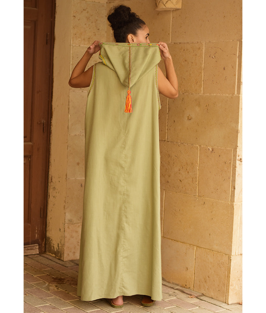 Light olive Siwa Heavily Embroidered Linen Dress with Hoodie handmade in Egypt & available at Jozee Boutique.