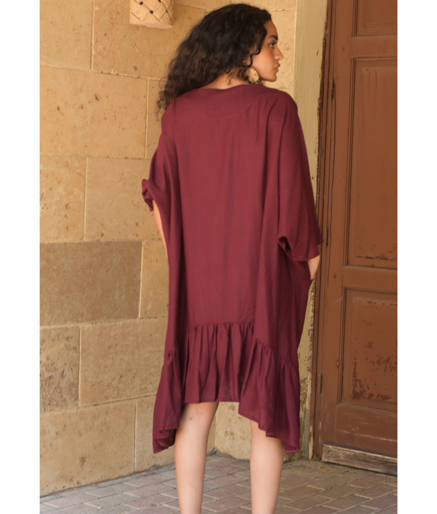 Burgundy Linen Midi Dress handmade in Egypt & available at Jozee Boutique.