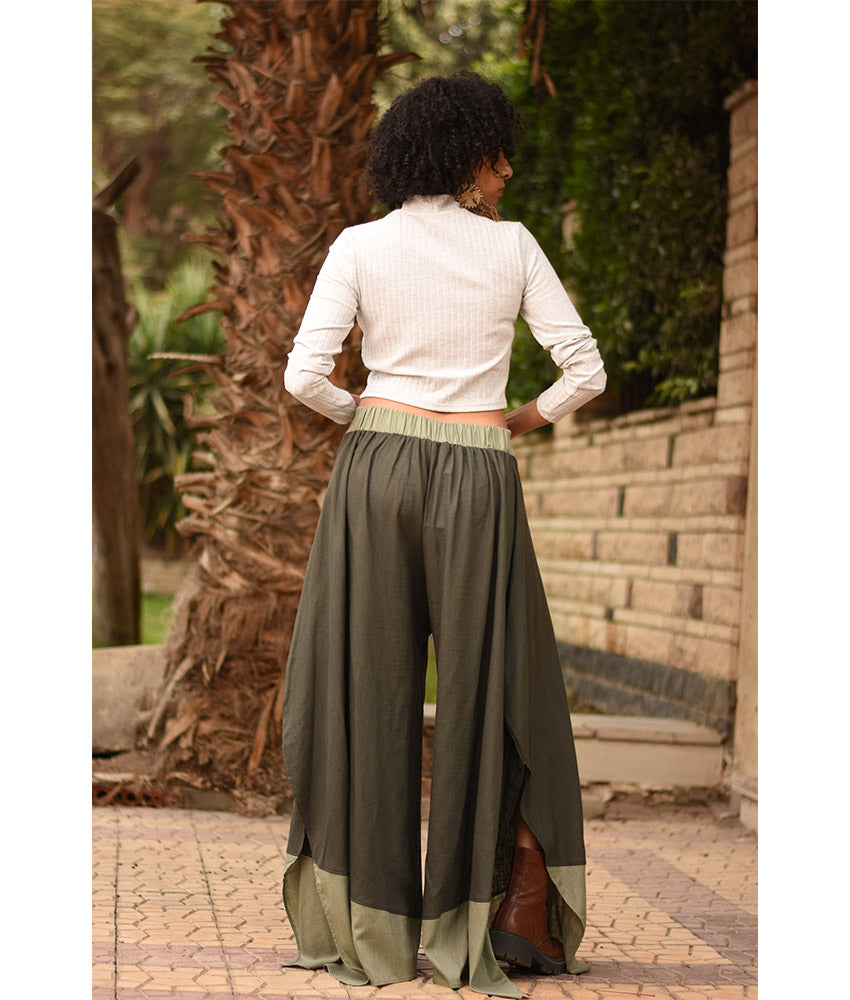 Dark Olive Green Flowy Pants with Light Olive Green Patches handmade in Egypt & available in Jozee boutique