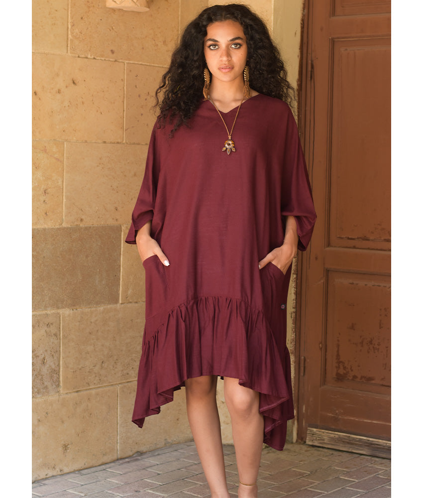 Burgundy Linen Midi Dress handmade in Egypt & available at Jozee Boutique.