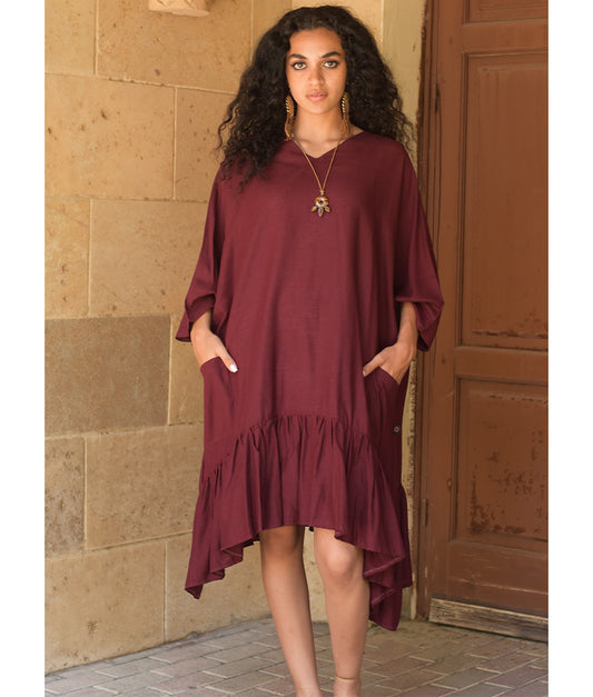 Burgundy Linen Midi Dress handmade in Egypt & available at Jozee Boutique.
