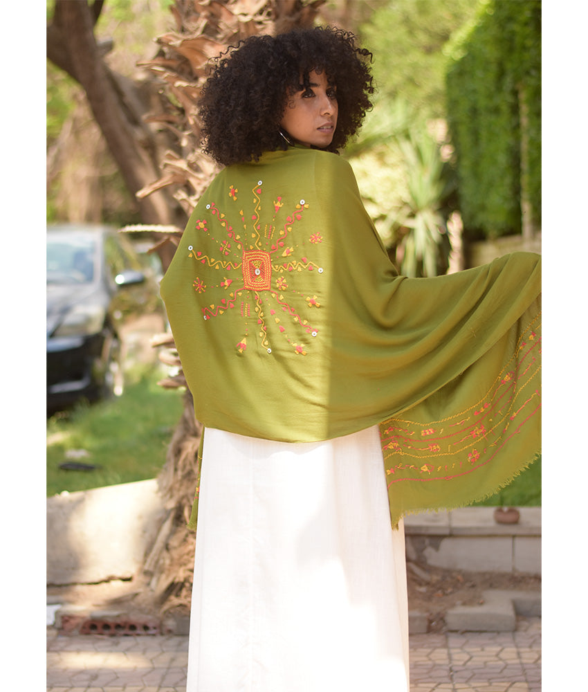 Light Olive Siwa Embroidered Viscose Shawl Handmade in Egypt & available at Jozee Boutique