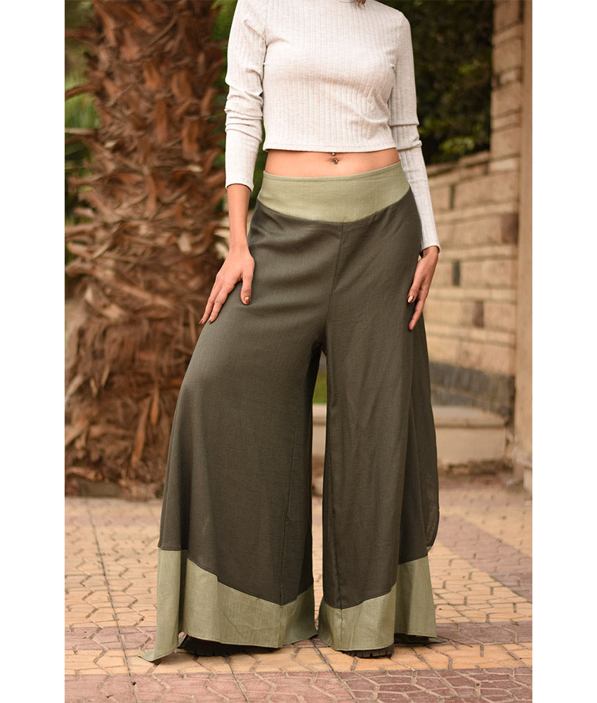 Dark Olive Green Flowy Pants with Light Olive Green Patches handmade in Egypt & available in Jozee boutique