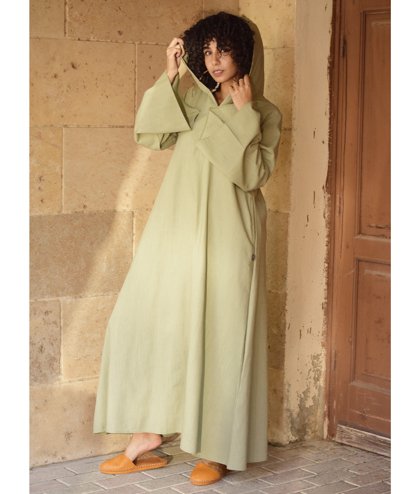 Light Olive Linen Dress with Hoodie handmade in Egypt & available at Jozee Boutique.