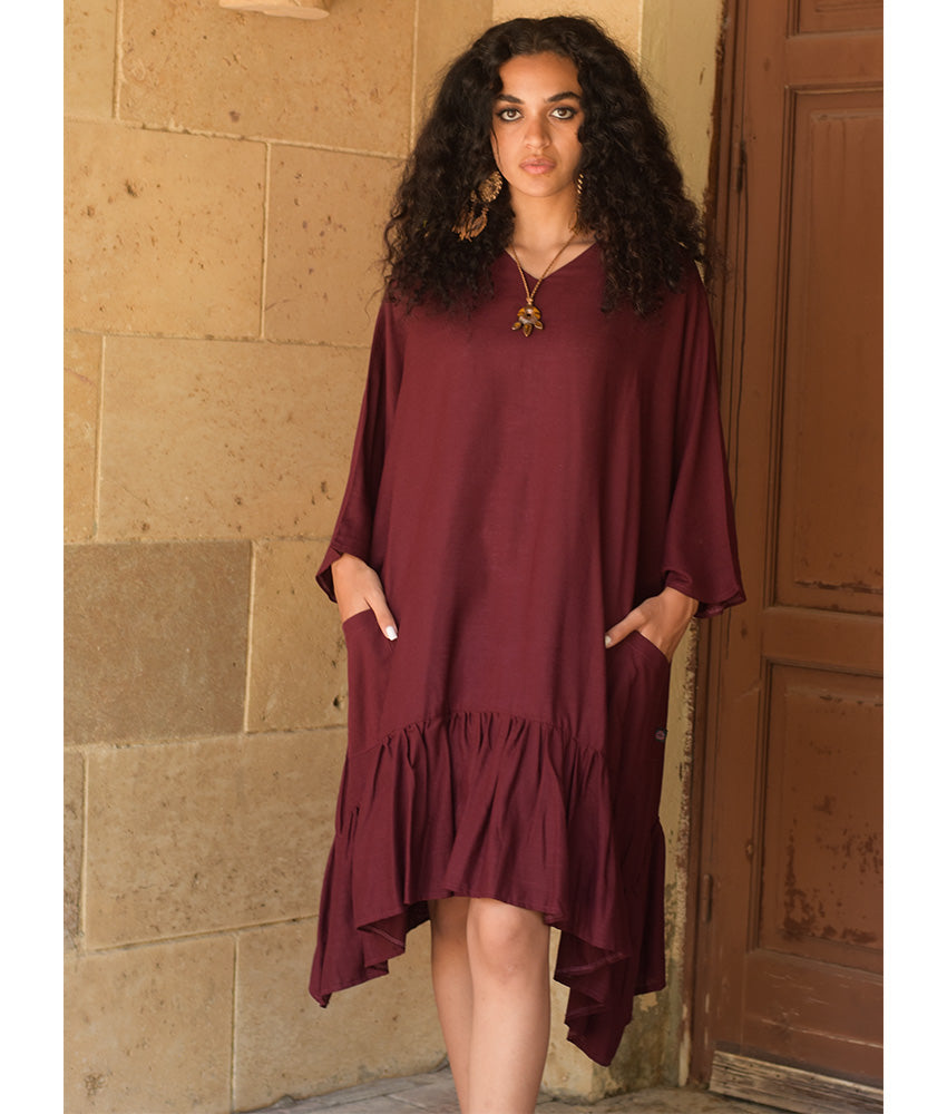 Burgundy Linen Midi Dress handmade in Egypt & available at Jozee Boutique.
