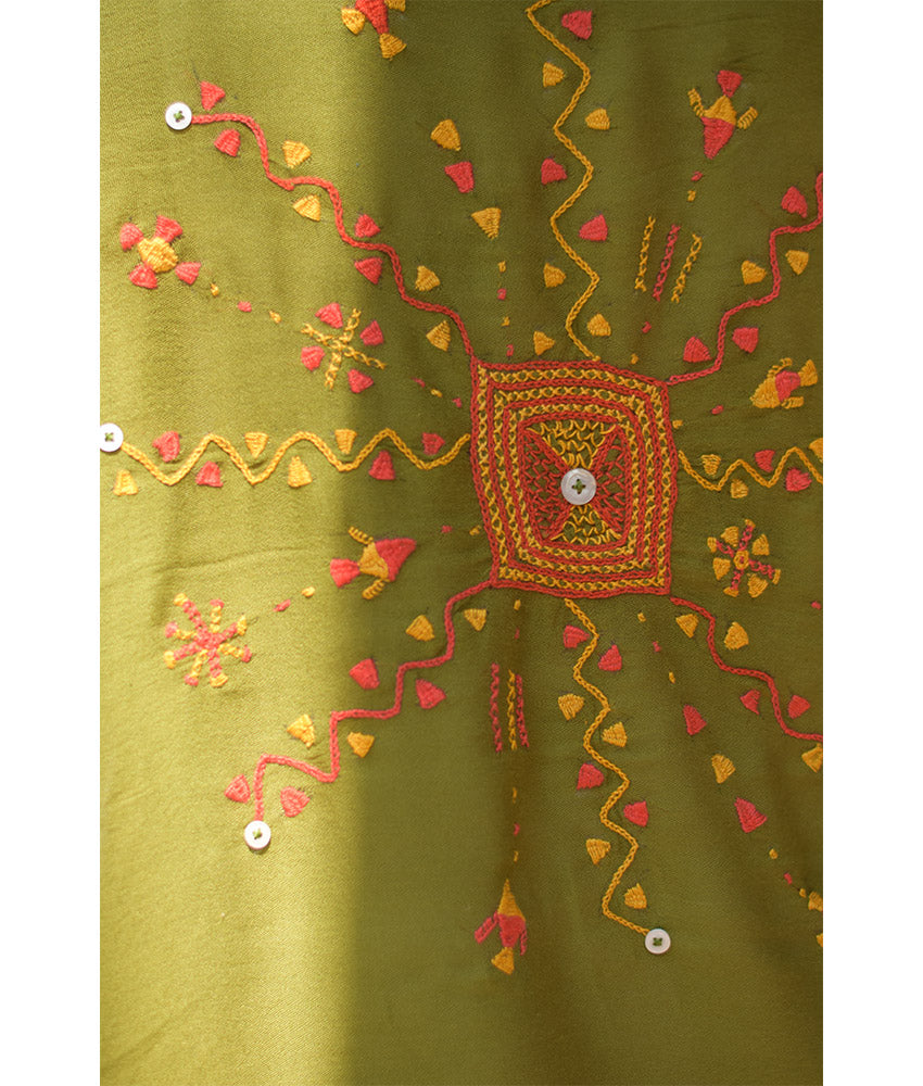Light Olive Siwa Embroidered Viscose Shawl Handmade in Egypt & available at Jozee Boutique