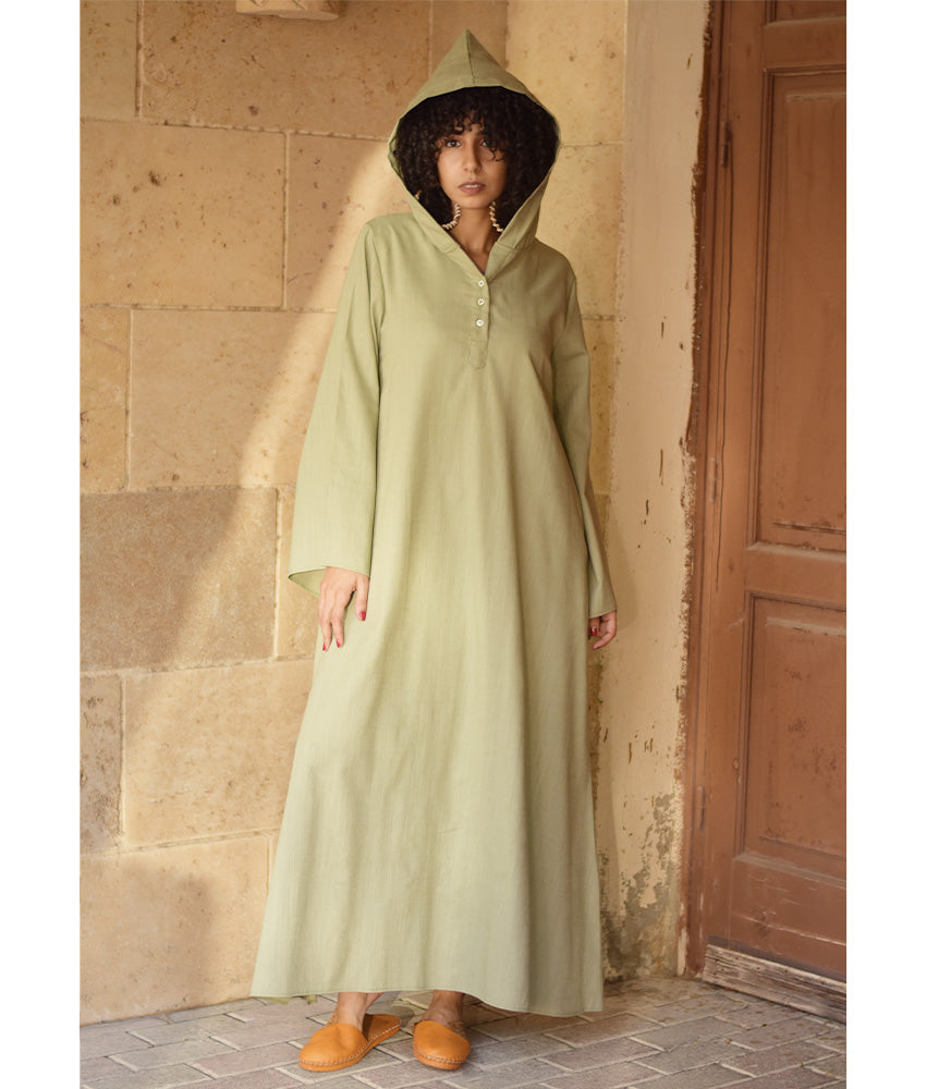 Light Olive Linen Dress with Hoodie handmade in Egypt & available at Jozee Boutique.