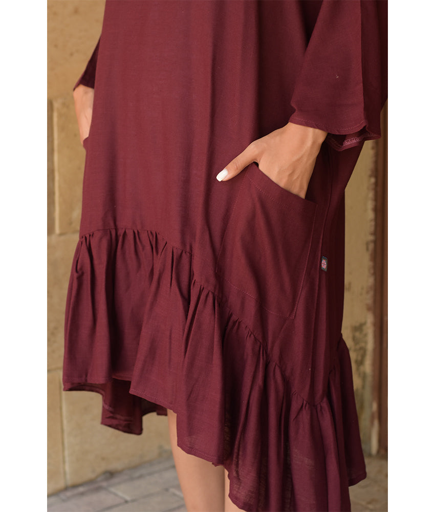 Burgundy Linen Midi Dress handmade in Egypt & available at Jozee Boutique.
