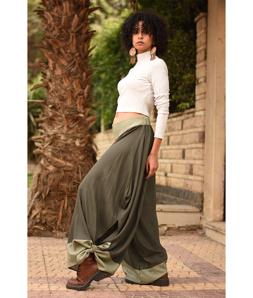 Dark Olive Green Flowy Pants with Light Olive Green Patches handmade in Egypt & available in Jozee boutique