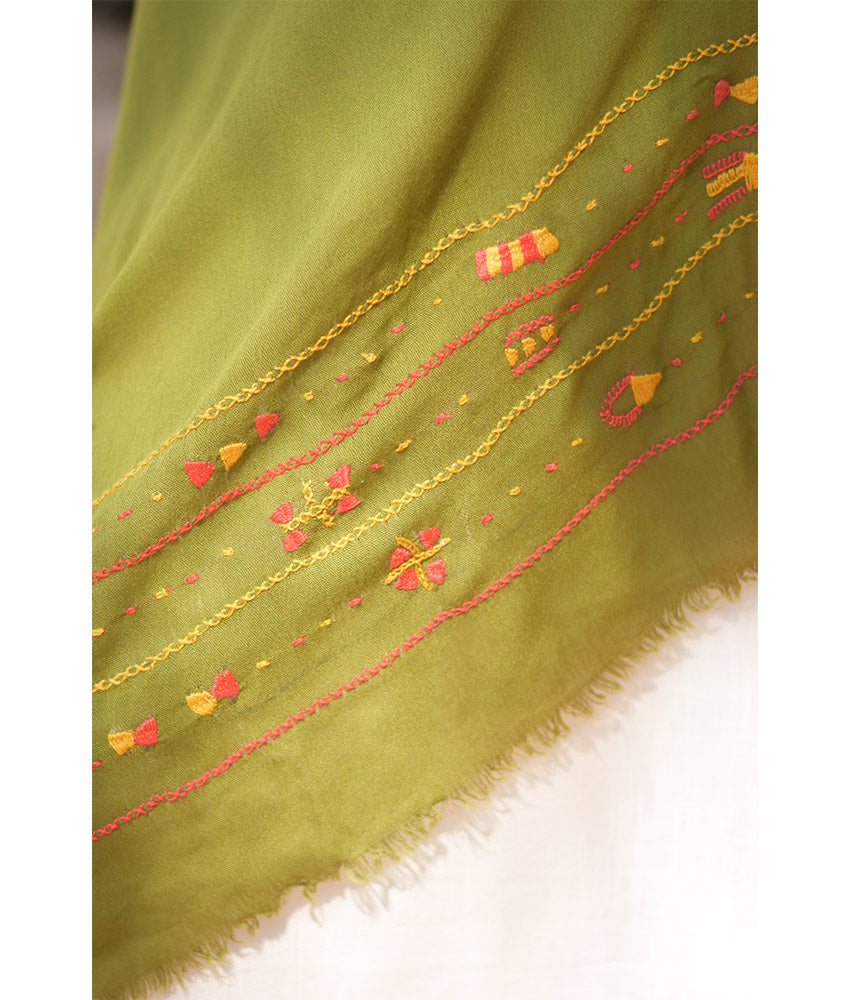 Light Olive Siwa Embroidered Viscose Shawl Handmade in Egypt & available at Jozee Boutique