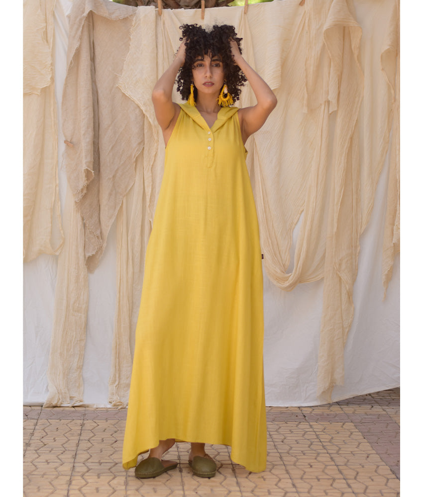 Mustard Linen Dress with Hoodie handmade in Egypt & available at Jozee Boutique.