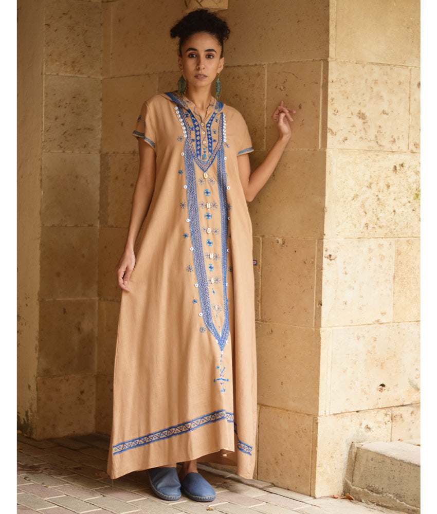 Dark Beige Siwa Embroidered Linen Dress with Hoodie handmade in Egypt & available at Jozee Boutique.