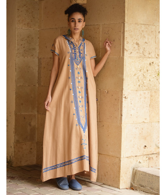 Dark Beige Siwa Embroidered Linen Dress with Hoodie handmade in Egypt & available at Jozee Boutique.