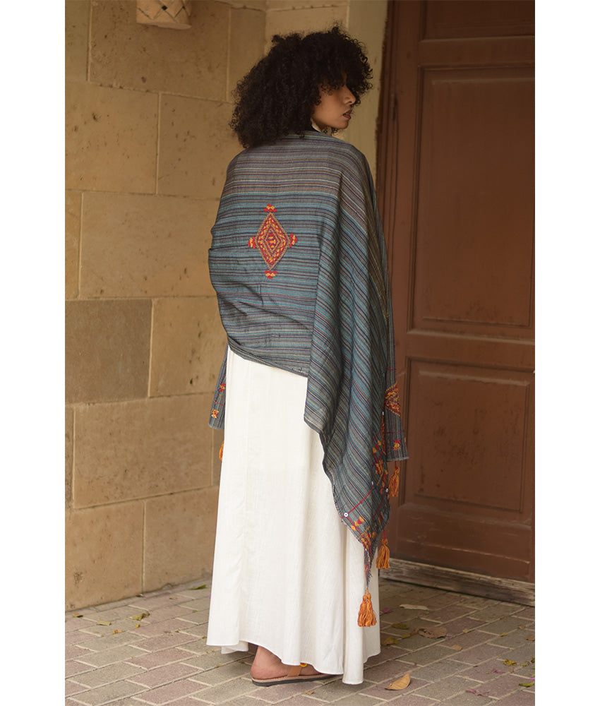 Grey Silk & Cotton Siwa Embroidered Shawl Handmade in Egypt & available at Jozee Boutique