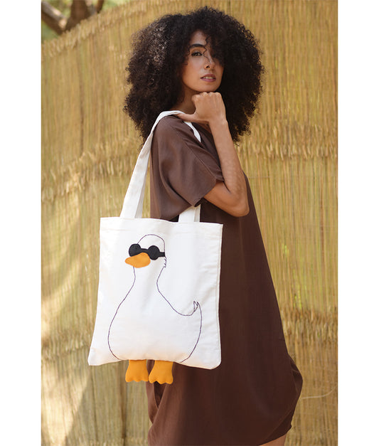 Off White Duck Embroidered Cotton Tote Bag - Mon's Hands