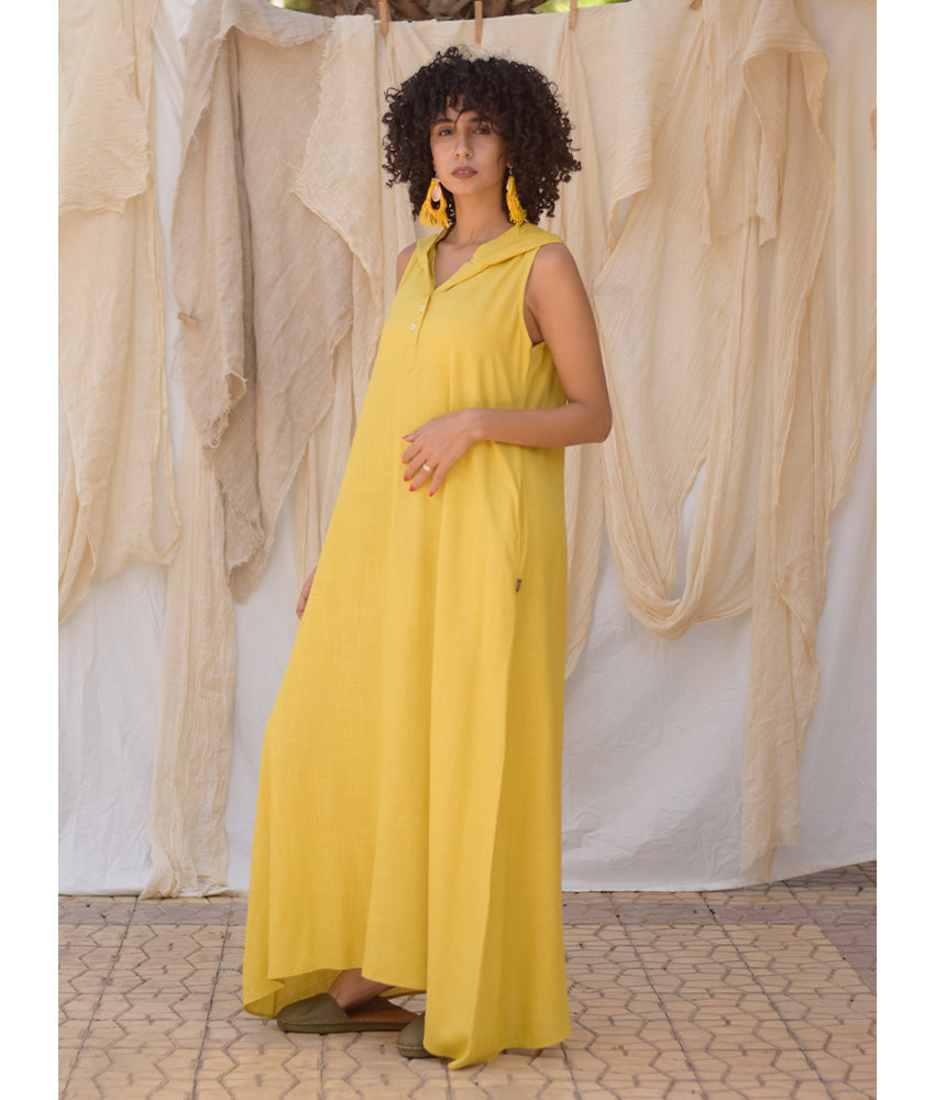 Mustard Linen Dress with Hoodie handmade in Egypt & available at Jozee Boutique.