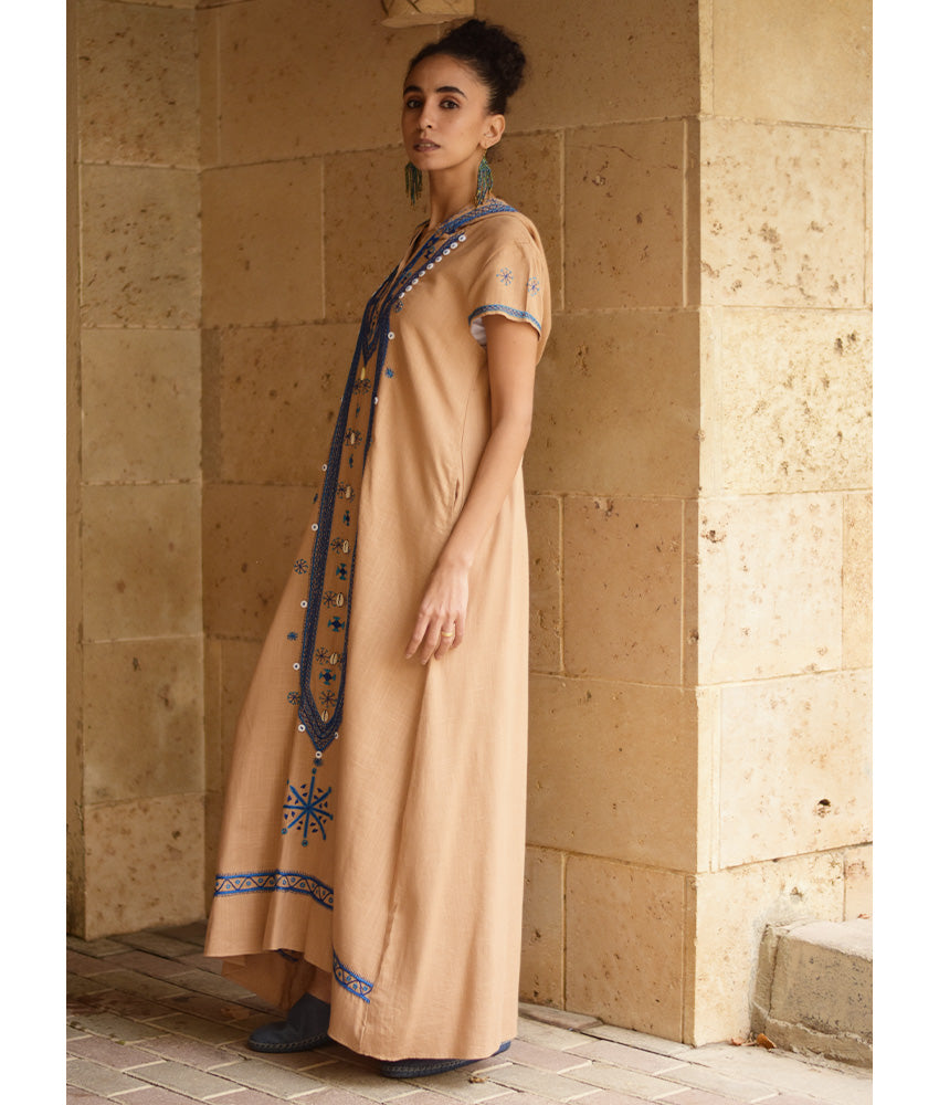 Dark Beige Siwa Embroidered Linen Dress with Hoodie handmade in Egypt & available at Jozee Boutique.
