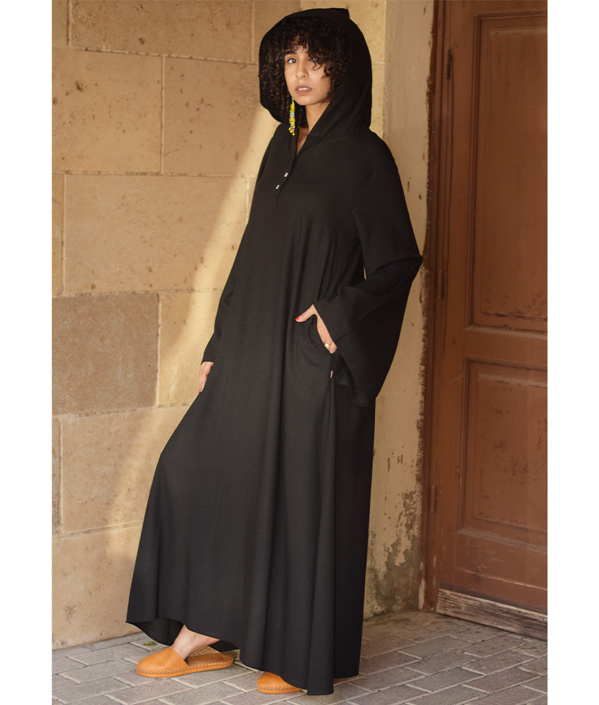 Black Linen Dress with Hoodie handmade in Egypt & available at Jozee Boutique.