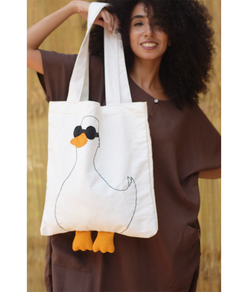 Off White Duck Embroidered Cotton Tote Bag - Mon's Hands