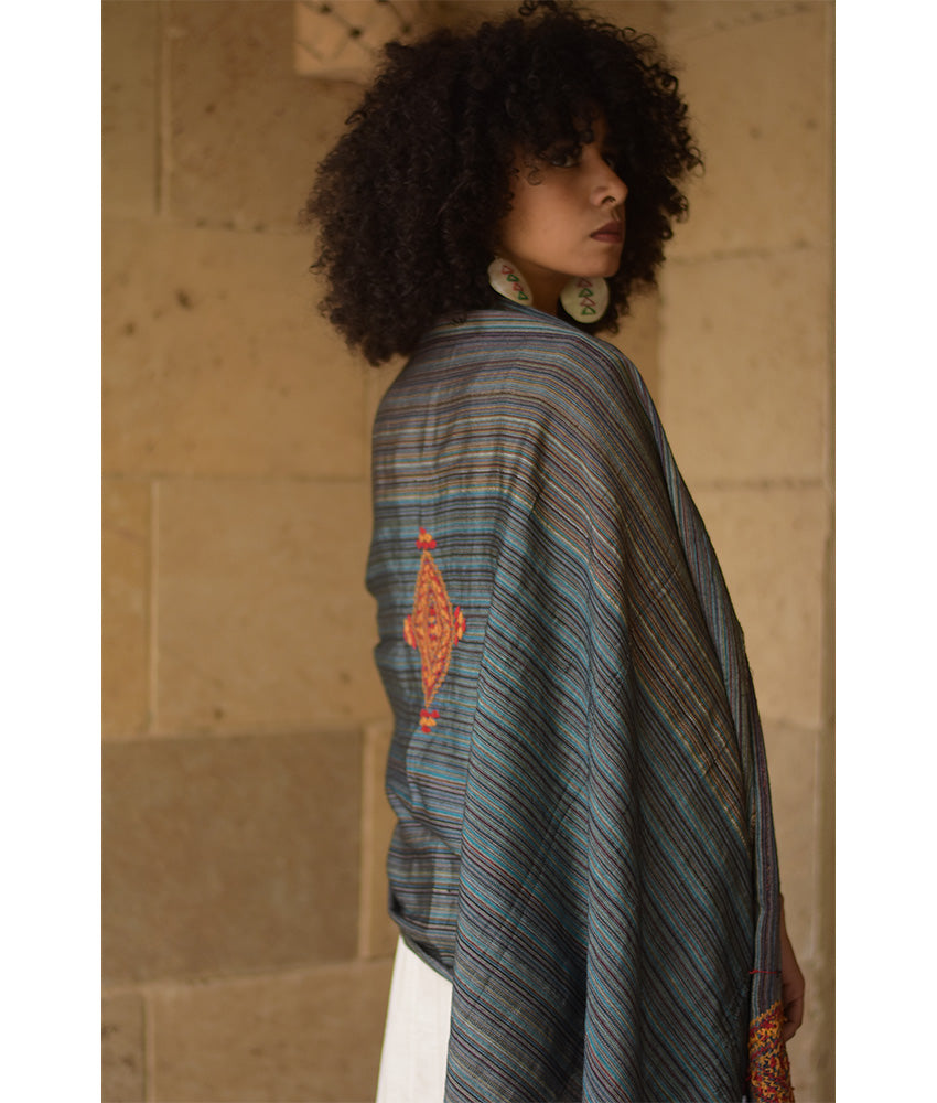 Grey Silk & Cotton Siwa Embroidered Shawl Handmade in Egypt & available at Jozee Boutique