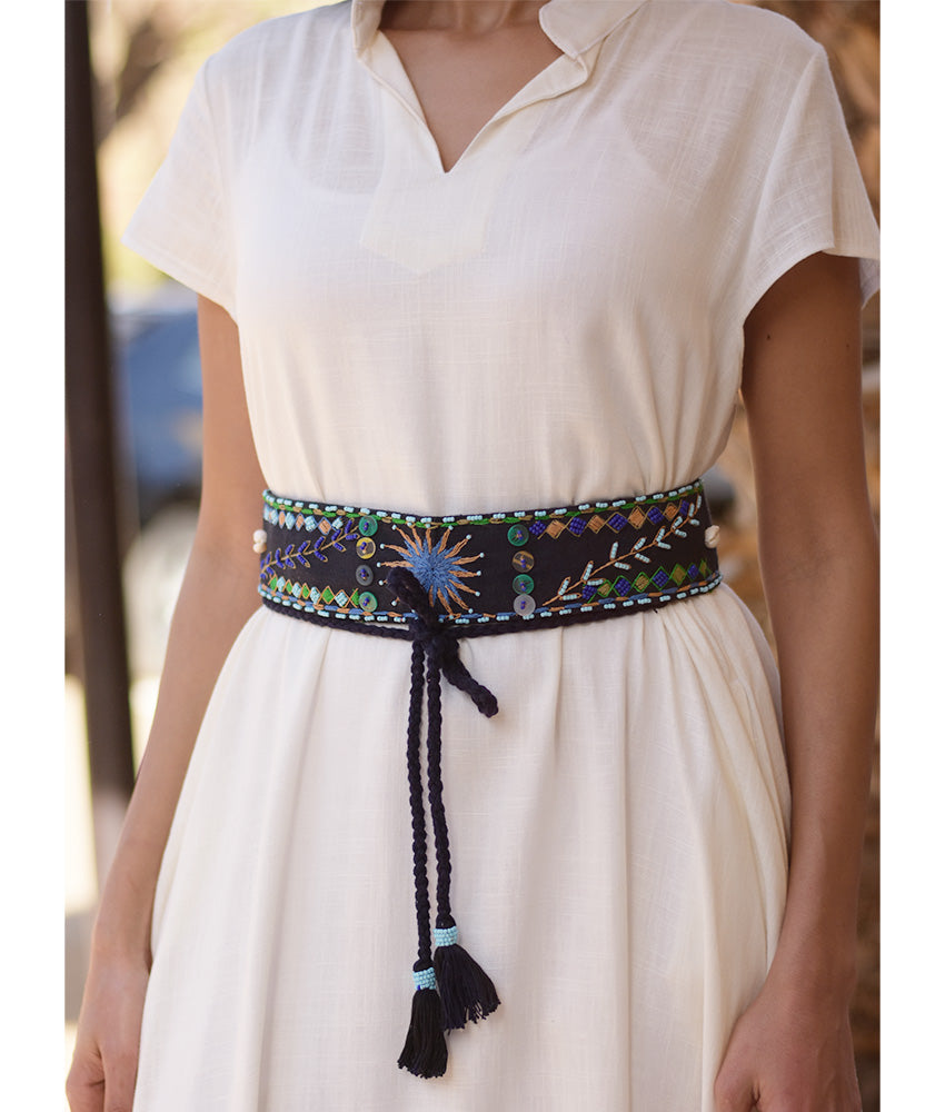 Black Saint Catherine Embroidered Thin Belt handmade in Egypt & available at Jozee Boutique.