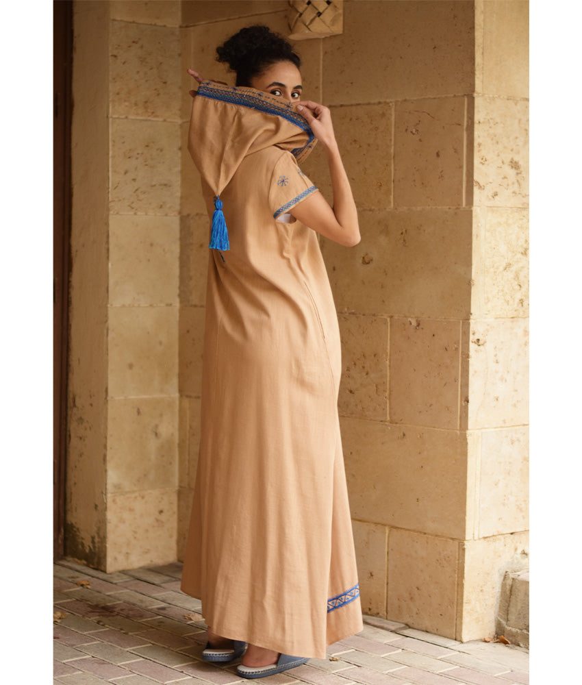 Dark Beige Siwa Embroidered Linen Dress with Hoodie handmade in Egypt & available at Jozee Boutique.