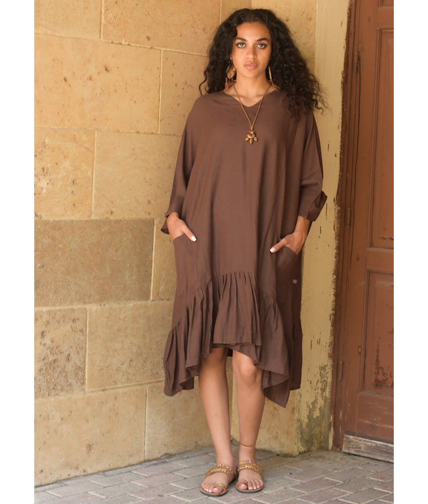 Chocolate Brown Linen Midi Dress handmade in Egypt & available at Jozee Boutique.