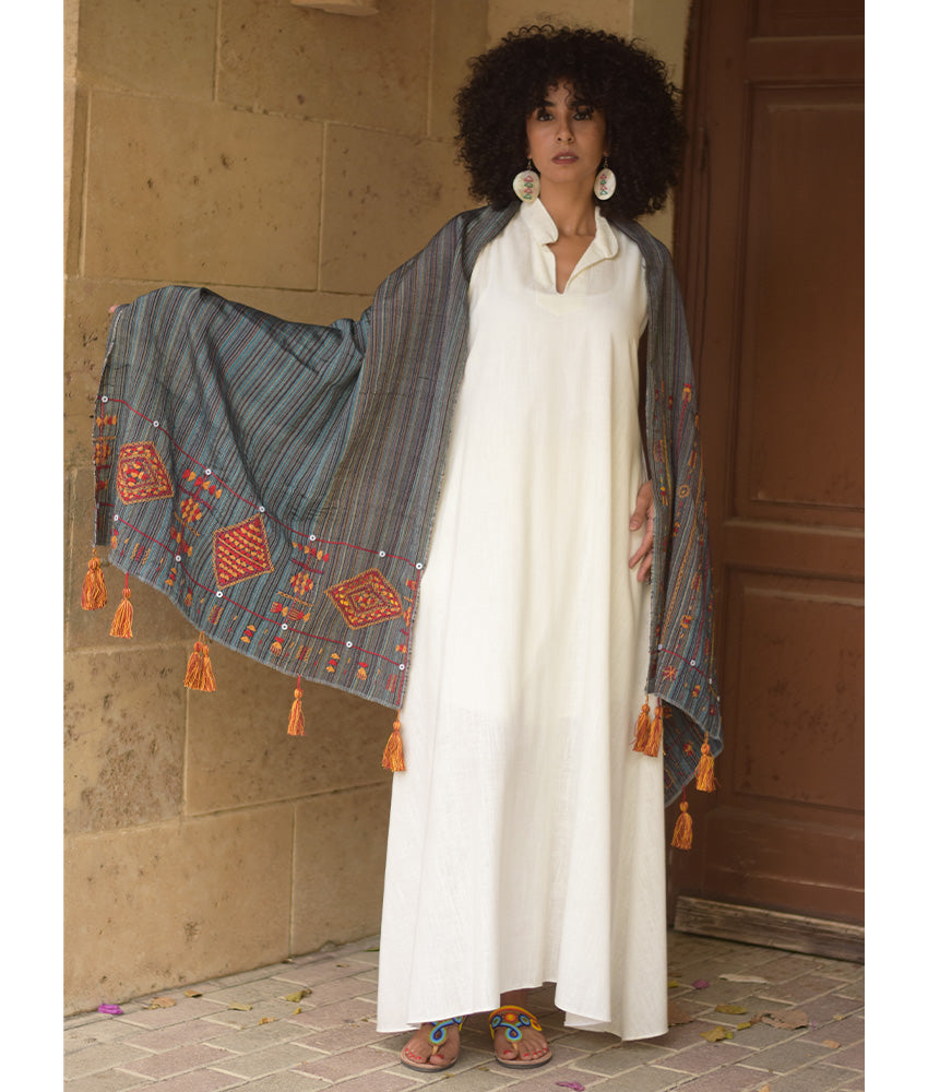 Grey Silk & Cotton Siwa Embroidered Shawl Handmade in Egypt & available at Jozee Boutique