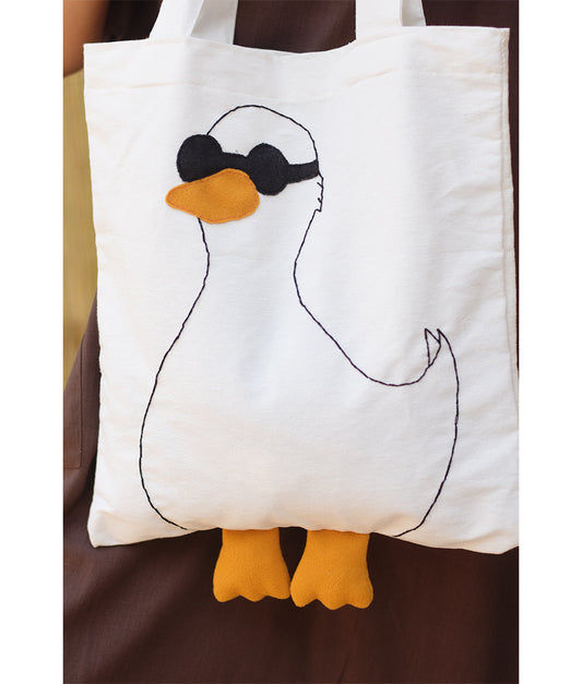 Off White Duck Embroidered Cotton Tote Bag - Mon's Hands