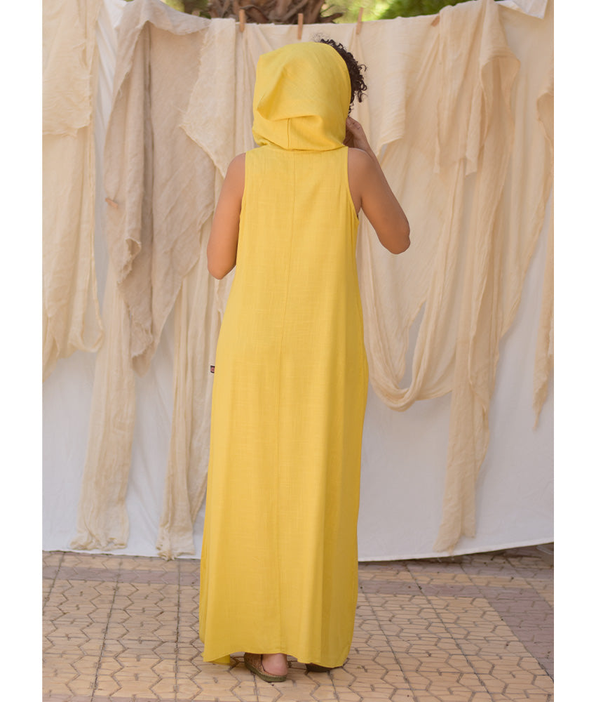 Mustard Linen Dress with Hoodie handmade in Egypt & available at Jozee Boutique.