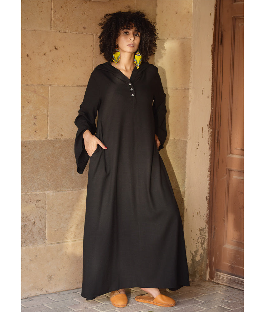 Black Linen Dress with Hoodie handmade in Egypt & available at Jozee Boutique.