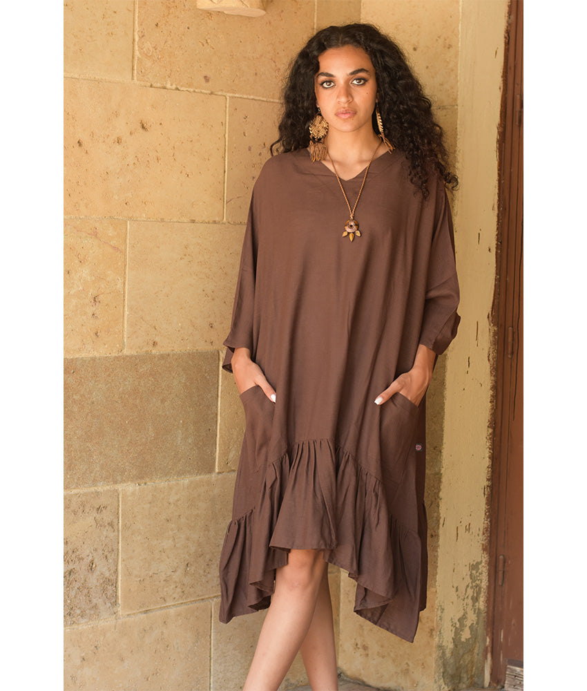 Chocolate Brown Linen Midi Dress handmade in Egypt & available at Jozee Boutique.