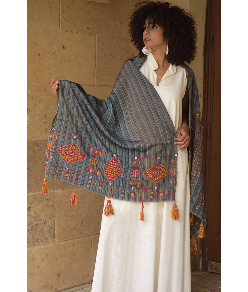 Grey Silk & Cotton Siwa Embroidered Shawl Handmade in Egypt & available at Jozee Boutique