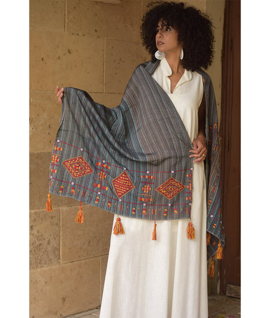 Grey Silk & Cotton Siwa Embroidered Shawl Handmade in Egypt & available at Jozee Boutique