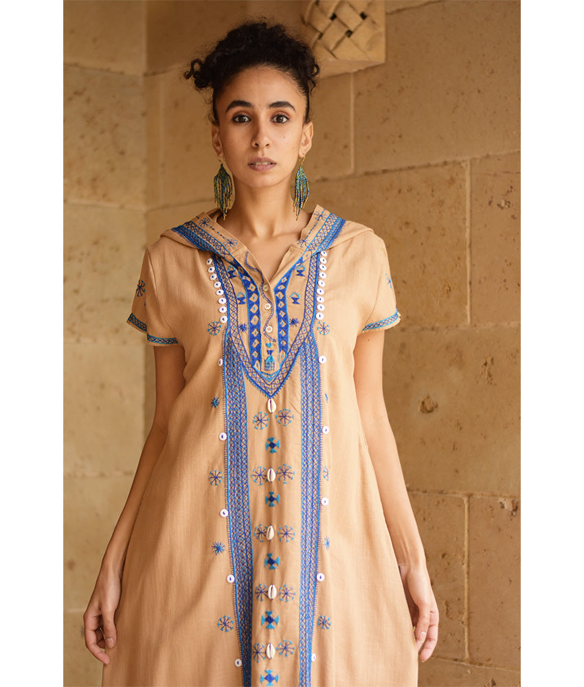 Dark Beige Siwa Embroidered Linen Dress with Hoodie handmade in Egypt & available at Jozee Boutique.