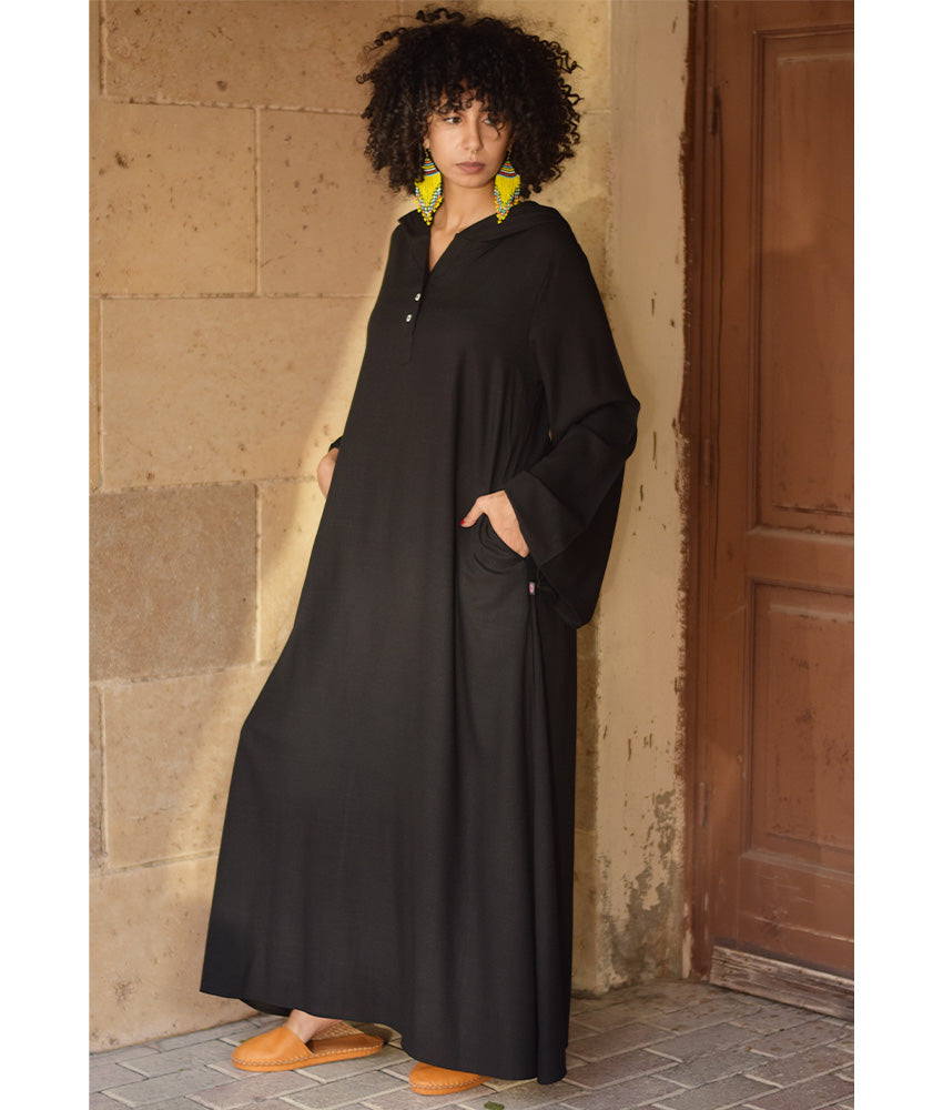 Black Linen Dress with Hoodie handmade in Egypt & available at Jozee Boutique.