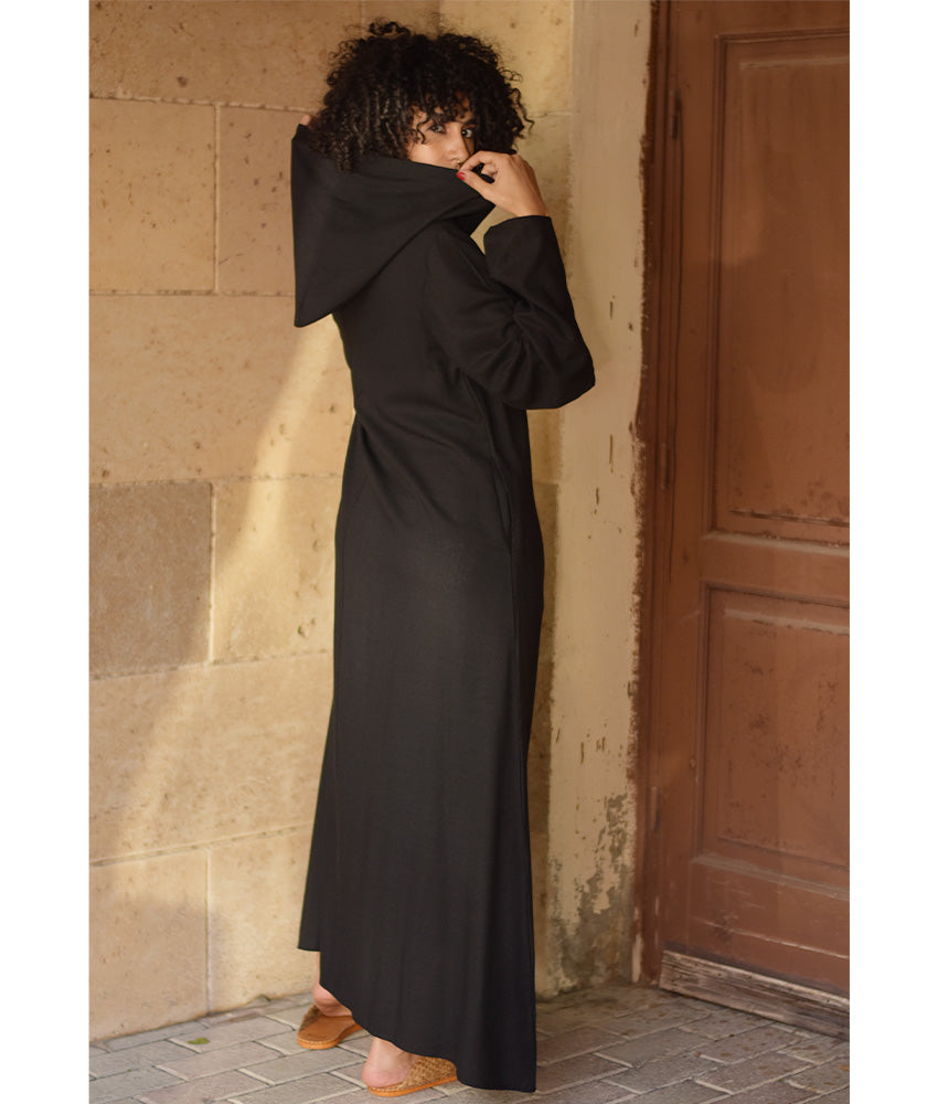 Black Linen Dress with Hoodie handmade in Egypt & available at Jozee Boutique.