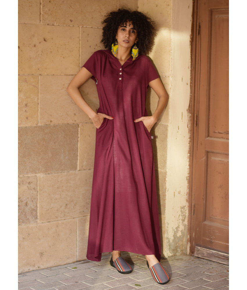 Burgundy Linen Dress with Hoodie handmade in Egypt & available at Jozee Boutique.
