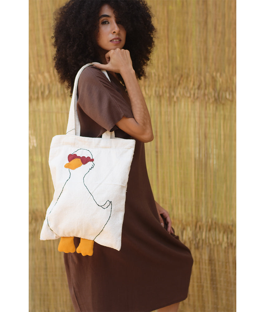 Off White Duck Embroidered Cotton Tote Bag - Mon's Hands
