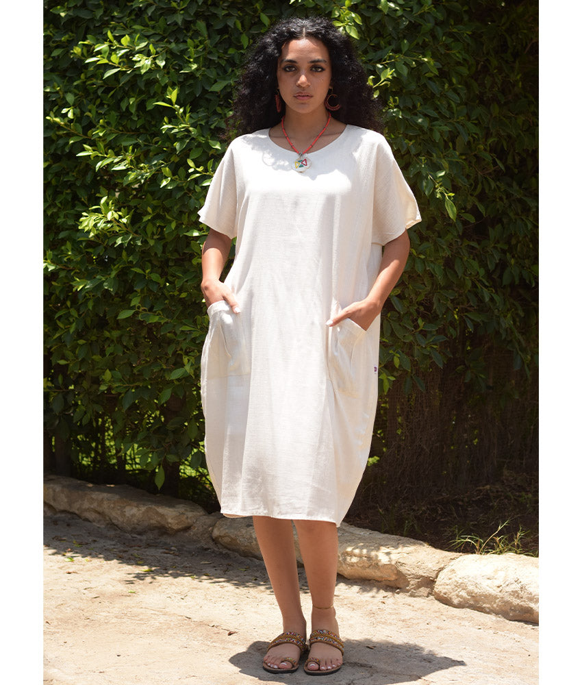 White Relaxed-Fit Linen Midi Dress with Pockets handmade in Egypt & available at Jozee Boutique.