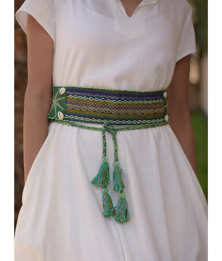 Green Saint Catherine Embroidered Wide Belt handmade in Egypt & available at Jozee Boutique.