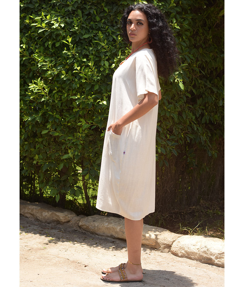 White Relaxed-Fit Linen Midi Dress with Pockets handmade in Egypt & available at Jozee Boutique.