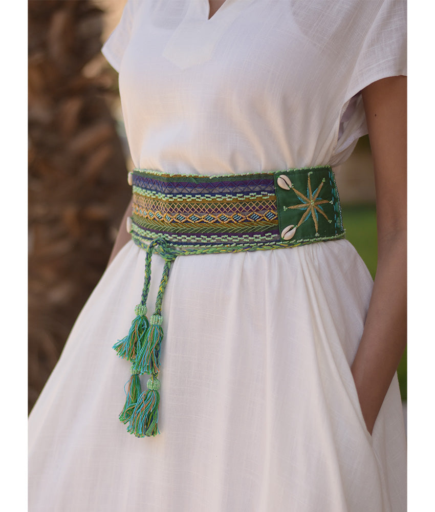 Green Saint Catherine Embroidered Wide Belt handmade in Egypt & available at Jozee Boutique.
