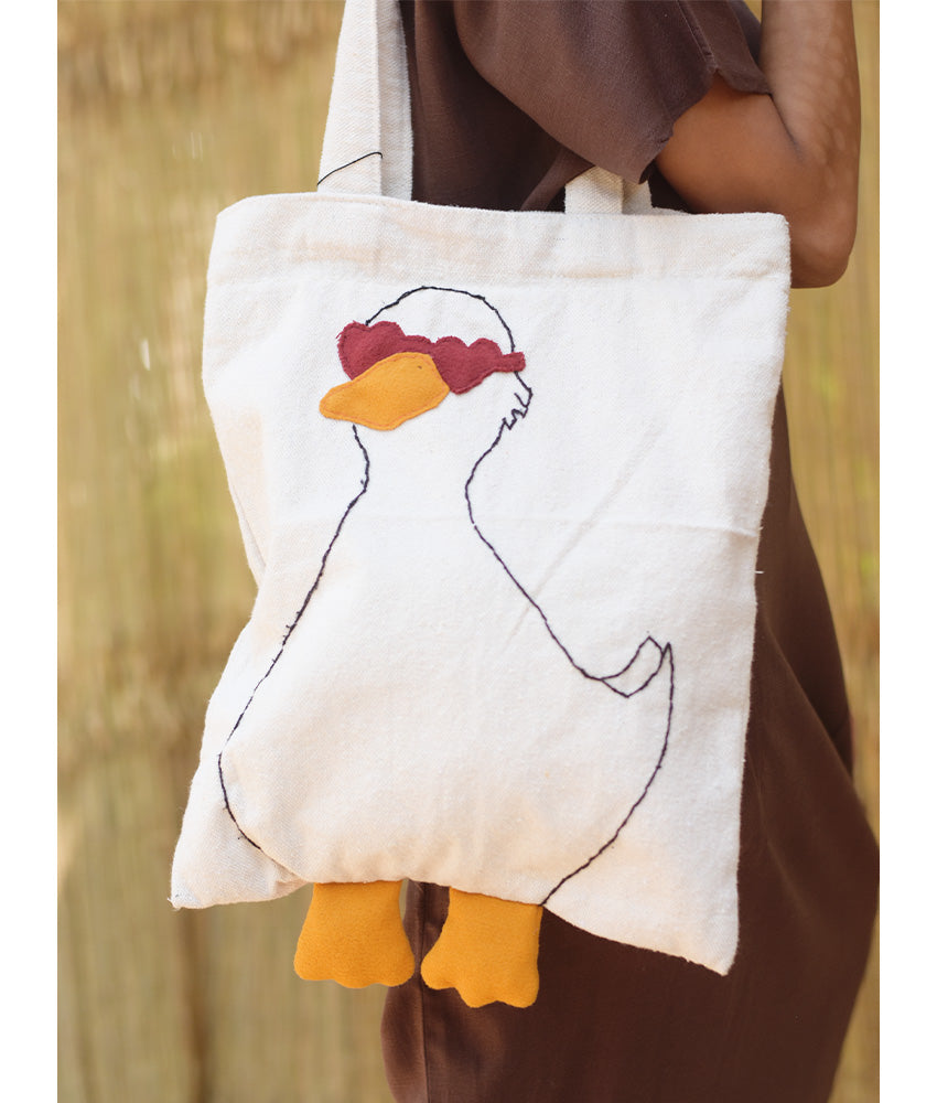 Off White Duck Embroidered Cotton Tote Bag - Mon's Hands