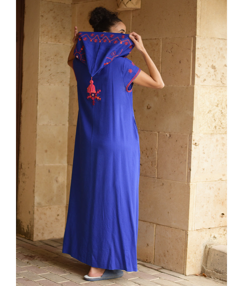 Electric Blue Siwa Heavily Embroidered Linen Dress with Hoodie handmade in Egypt & available at Jozee Boutique.