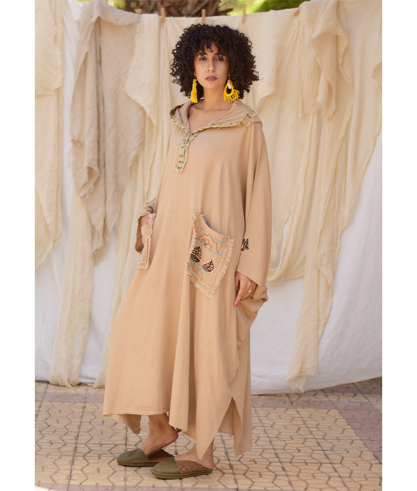 Dark Beige Hand Embroidered Linen Kaftan with Hoodie handmade in Egypt & available at Jozee Boutique.