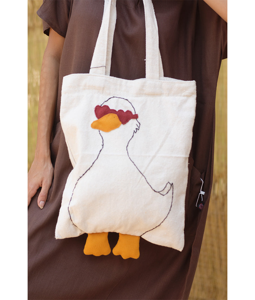 Off White Duck Embroidered Cotton Tote Bag - Mon's Hands
